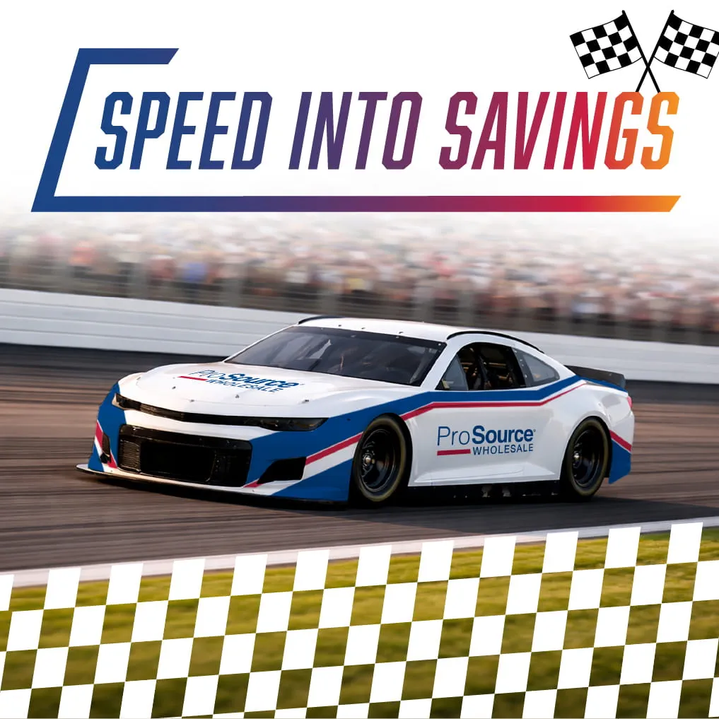Promotional image with 'Speed into Savings' slogan, showcasing a branded racecar on a track with checkered flags and blurred audience.