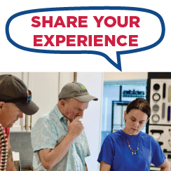 Individuals in a retail environment engaged in a discussion, with the prompt 'Share Your Experience' displayed above.
