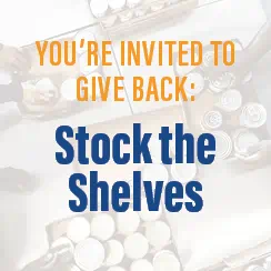 Invitation to a food drive with a message: 'You're invited to give back: Stock the Shelves,' over an image of packaged food items.