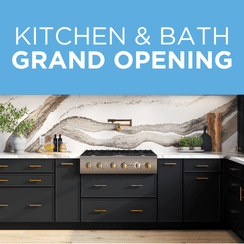 Promotional image for a Kitchen and Bath grand opening showcasing a modern kitchen design with black cabinets and gold accents.