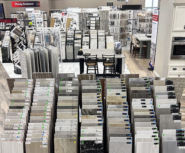 Interior of showroom with multiple product displays