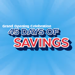 A promotional design for a grand opening celebration with 45 days of savings, featuring bold lettering on a blue radiant background.
