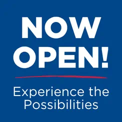 The words 'NOW OPEN!' and 'Experience the Possibilities' displayed on a blue background, indicating a grand opening.