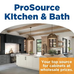 ProSource Kitchen & Bath advertisement featuring a stylish interior with discount cabinet offerings.