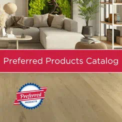 Modern living room with wooden flooring and text reading 'Preferred Products Catalog'.