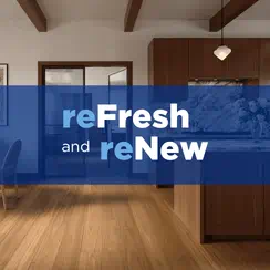 Modern room interior with wooden furniture, calm lighting, and the text 'Refresh and Renew' overlaying.