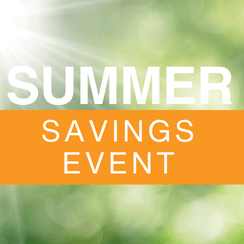 Graphic with the text 'Summer Savings Event' set against a sunny, green blurred background.