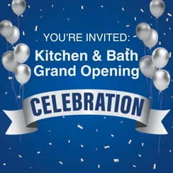 Invitation for Kitchen & Bath Grand Opening celebration with balloons and confetti on a blue background.