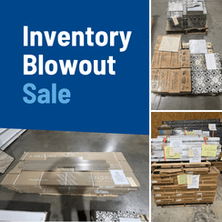 Stacks of goods labeled for an inventory blowout sale, showcasing clearance items and merchandise ready for purchase.