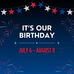 A festive graphic with text indicating a birthday celebration from July 6 to August 8. The design includes fireworks and red, white, and blue star motifs.
