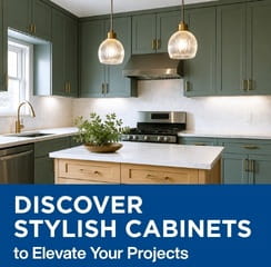 A kitchen with green cabinets, white countertops, hanging pendent lights, and text promoting stylish cabinet designs.