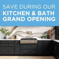 Modern kitchen with black cabinets and marble backsplash under text promoting kitchen and bath grand opening savings.