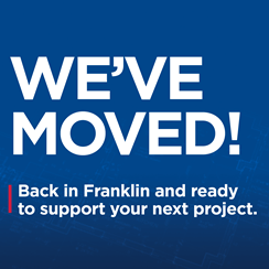 Blue promotional banner text stating 'WE’VE MOVED!' and mentioning relocation to Franklin for project support.