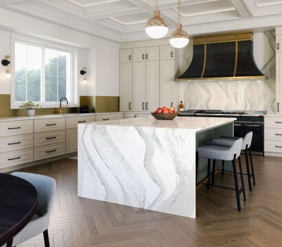 Countertops on surrounding the island in a kitchen