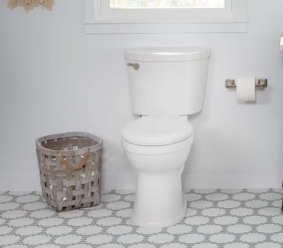 White toilet with decorative floor tile in a bathroom