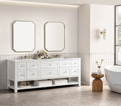 White vanity stands against the wall in a bathroom
