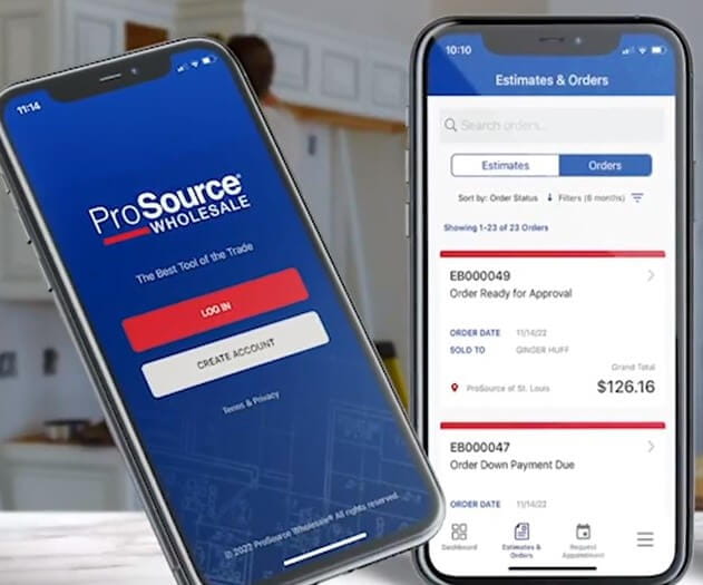 Mobile phone with images from the ProSource trade pro app